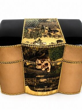 Handcrafted Oriental Jewelry Box Black Lacquer Gold Accents NWT